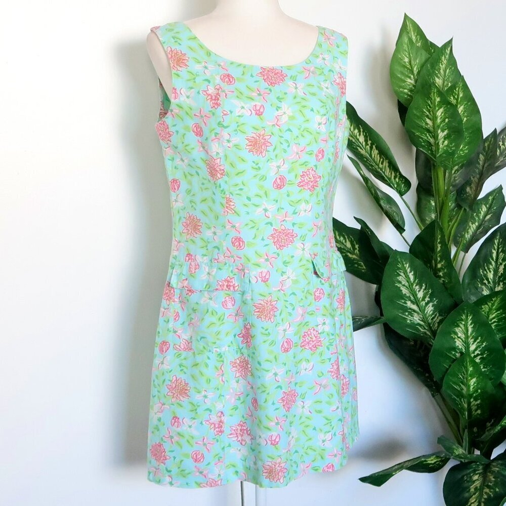 Lilly Pulitzer Linen Cotton Blue Ping Floral Sleeveless Boat Neck Sheath Dress 8 - Picture 3 of 9